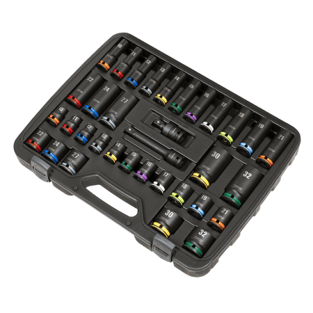 Lock-On Standard & Deep Impact Socket Set 34pc 1/2"Sq Drive 6pt Metric Model No- AK5636M
