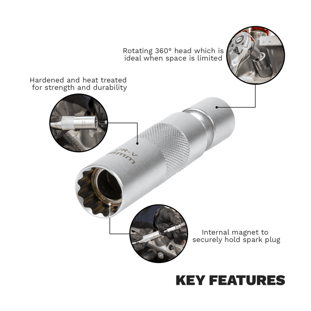 Spark Plug Socket with Universal Joint 3/8"Sq Drive 12-Point 16mm Model No- AK6571
