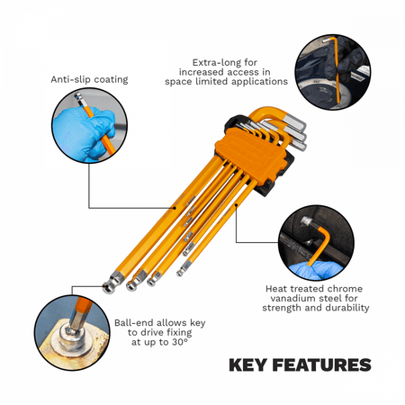 Premier Imperial Extra-Long Ball-End Hex Key Set 9pc Model No- AK7175