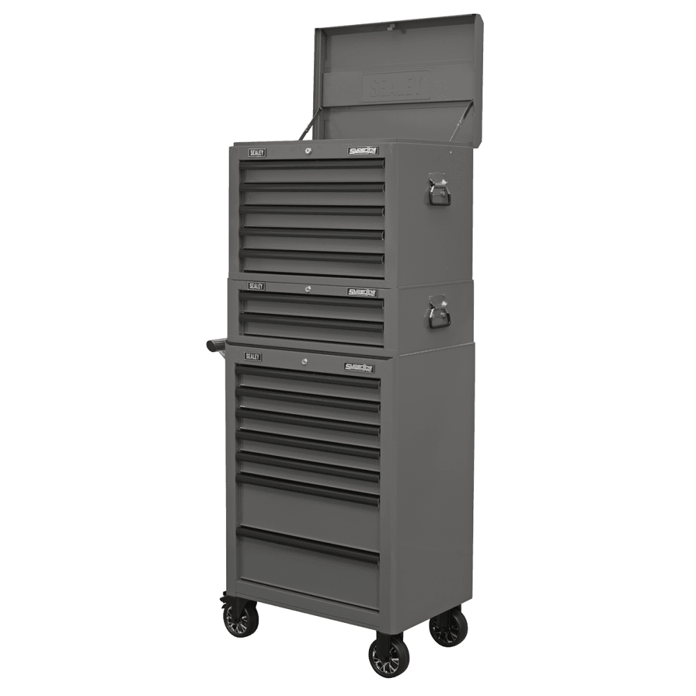 Superline PRO® Topchest, Mid-Box Tool Chest & Rollcab Combination 14 Drawer - Grey : Model No- APSTACKTGR