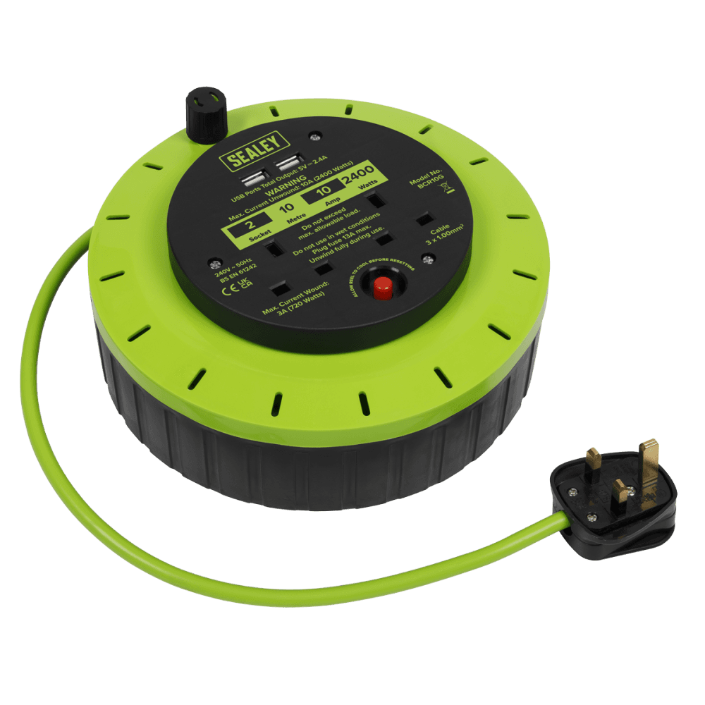 10m Cassette Type Cable Reel with Thermal Trip 2 x 230V & 2 x USB - Hi-Vis Green Model No- BCR10G