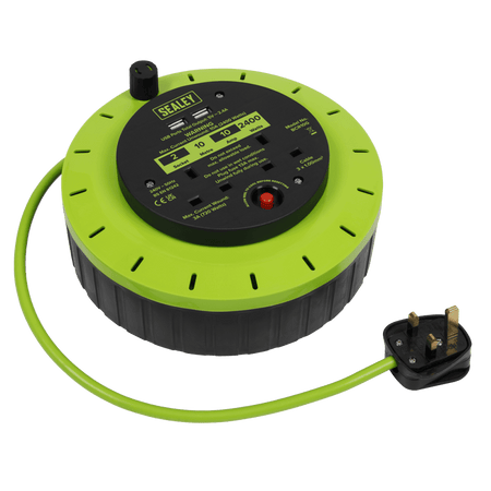 10m Cassette Type Cable Reel with Thermal Trip 2 x 230V & 2 x USB - Hi-Vis Green Model No- BCR10G