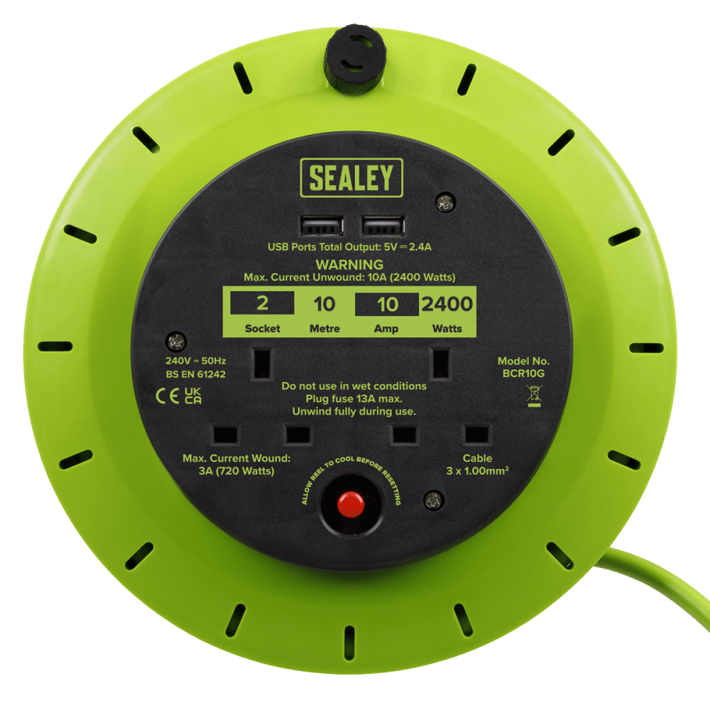 10m Cassette Type Cable Reel with Thermal Trip 2 x 230V & 2 x USB - Hi-Vis Green Model No- BCR10G
