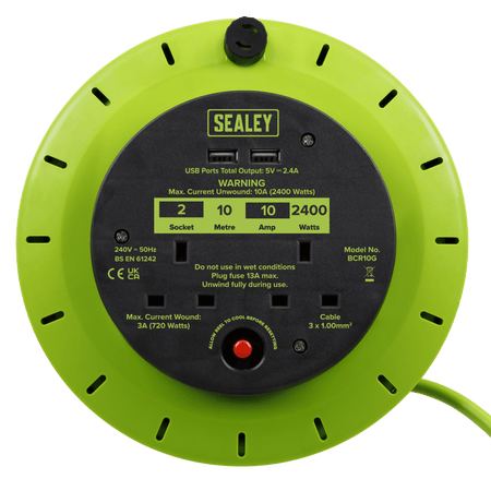 10m Cassette Type Cable Reel with Thermal Trip 2 x 230V & 2 x USB - Hi-Vis Green Model No- BCR10G