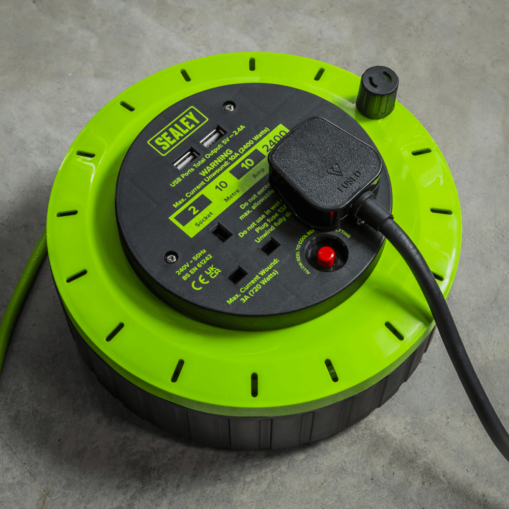 10m Cassette Type Cable Reel with Thermal Trip 2 x 230V & 2 x USB - Hi-Vis Green Model No- BCR10G