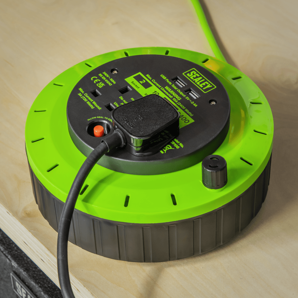 10m Cassette Type Cable Reel with Thermal Trip 2 x 230V & 2 x USB - Hi-Vis Green Model No- BCR10G