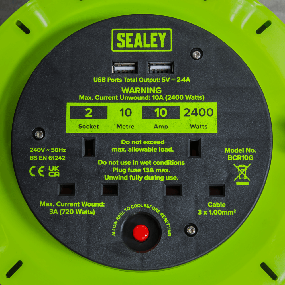 10m Cassette Type Cable Reel with Thermal Trip 2 x 230V & 2 x USB - Hi-Vis Green Model No- BCR10G