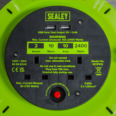 10m Cassette Type Cable Reel with Thermal Trip 2 x 230V & 2 x USB - Hi-Vis Green Model No- BCR10G