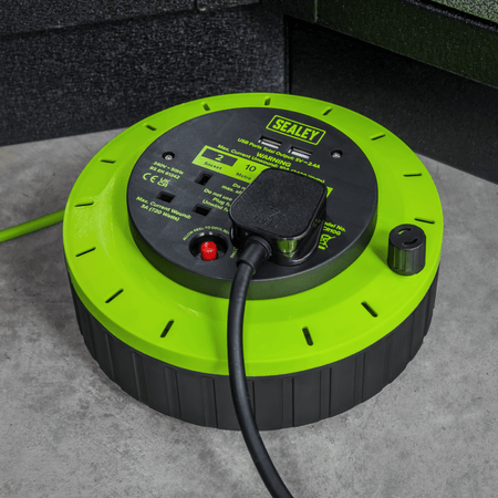 10m Cassette Type Cable Reel with Thermal Trip 2 x 230V & 2 x USB - Hi-Vis Green Model No- BCR10G