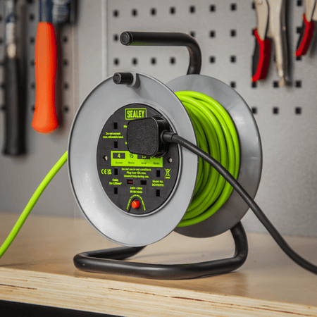 15m Cable Reel with Thermal Trip 4 x 230V - Hi-Vis Green Model No- BCR153TG