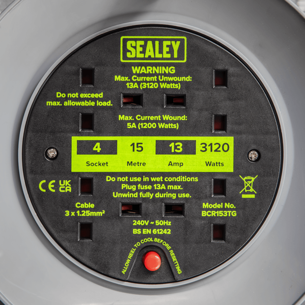 15m Cable Reel with Thermal Trip 4 x 230V - Hi-Vis Green Model No- BCR153TG
