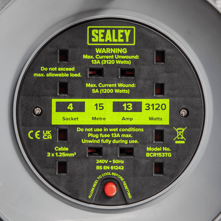 15m Cable Reel with Thermal Trip 4 x 230V - Hi-Vis Green Model No- BCR153TG
