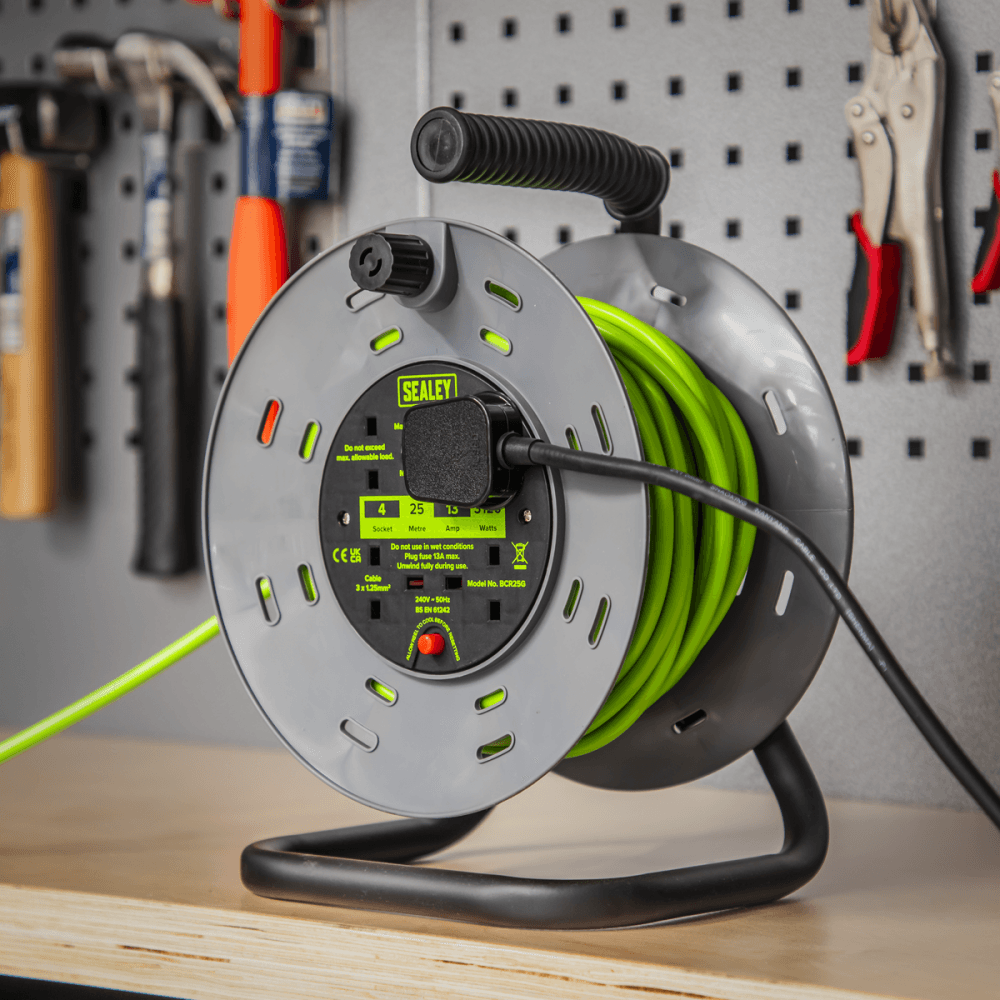 25m Cable Reel with Thermal Trip 4 x 230V - Hi-Vis Green Model No- BCR25G