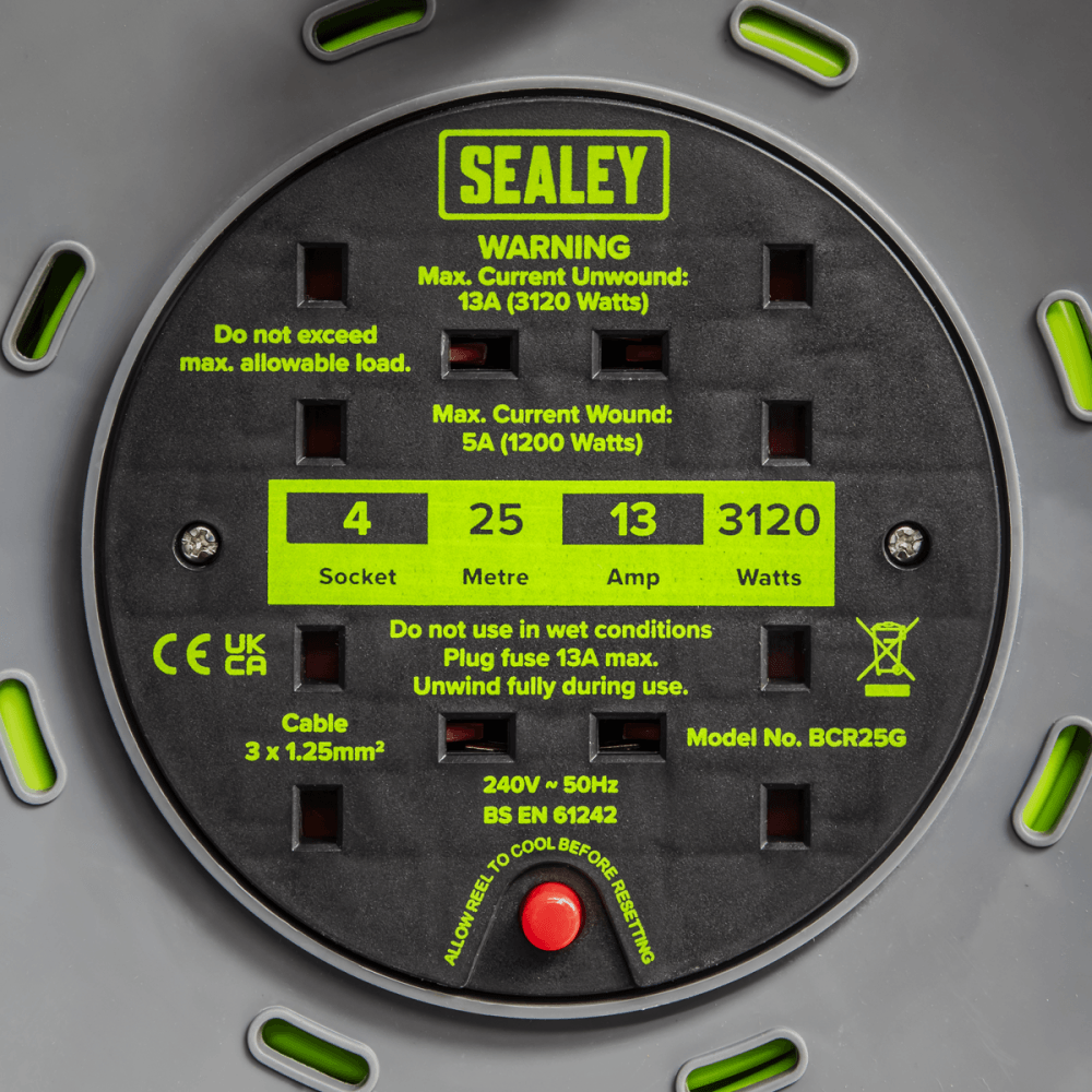 25m Cable Reel with Thermal Trip 4 x 230V - Hi-Vis Green Model No- BCR25G