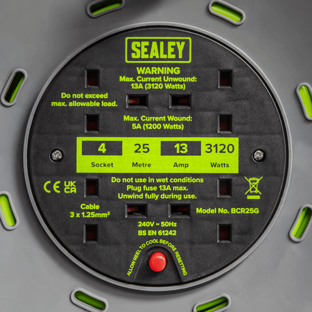 25m Cable Reel with Thermal Trip 4 x 230V - Hi-Vis Green Model No- BCR25G