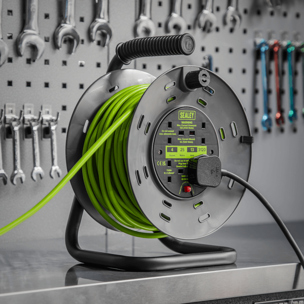 25m Cable Reel with Thermal Trip 4 x 230V - Hi-Vis Green Model No- BCR25G