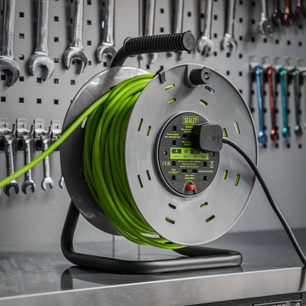 50m Cable Reel with Thermal Trip 4 x 230V - Hi-Vis Green Model No- BCR50G