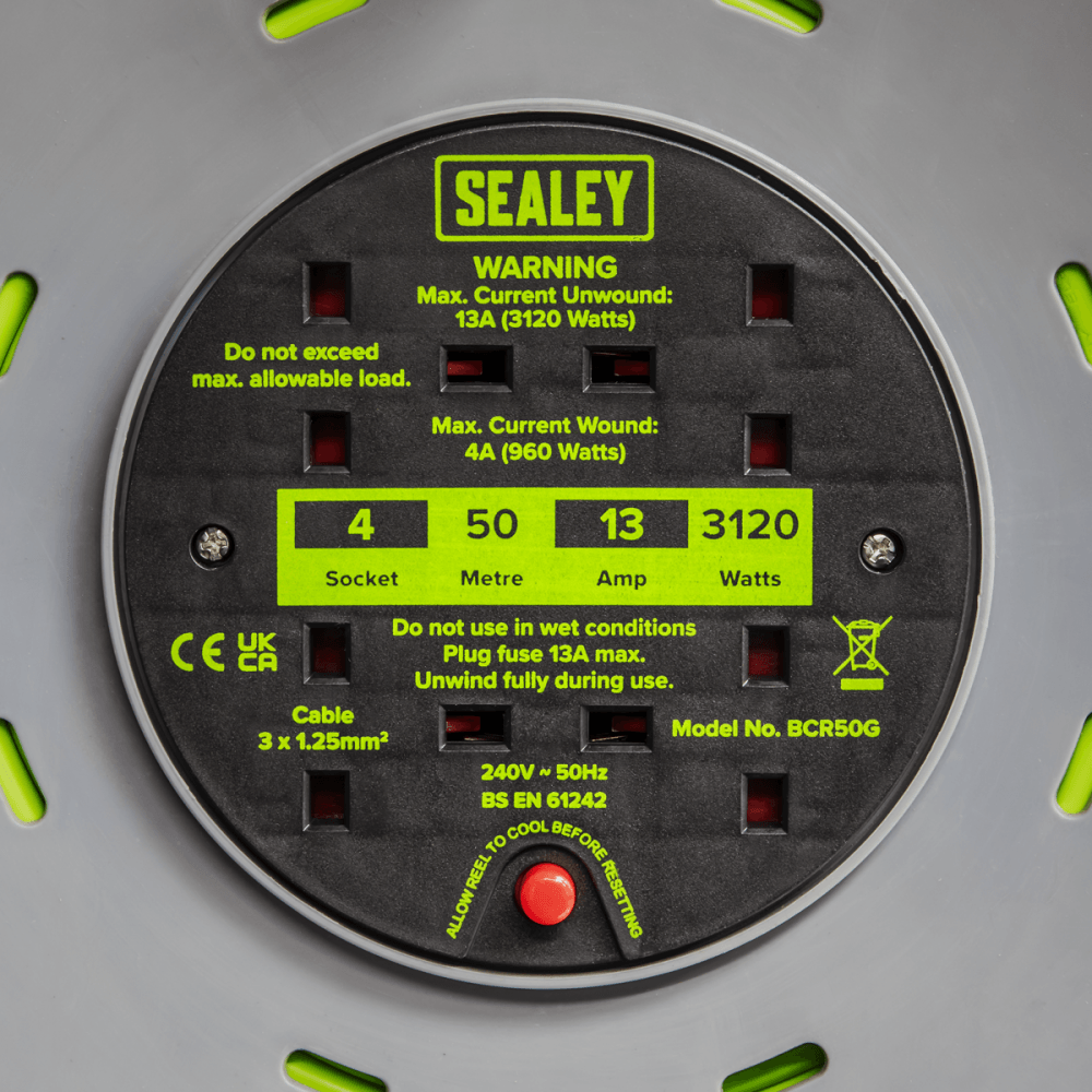50m Cable Reel with Thermal Trip 4 x 230V - Hi-Vis Green Model No- BCR50G