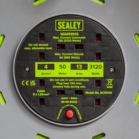 50m Cable Reel with Thermal Trip 4 x 230V - Hi-Vis Green Model No- BCR50G