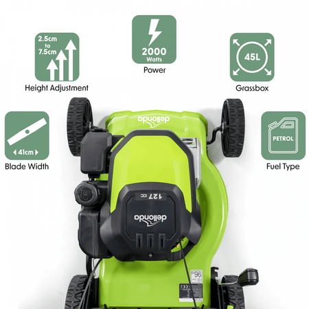 Dellonda Hand-Propelled Petrol Lawnmower Grass Cutter, 127cc 16"/41cm 4-Stroke Model No- DG100