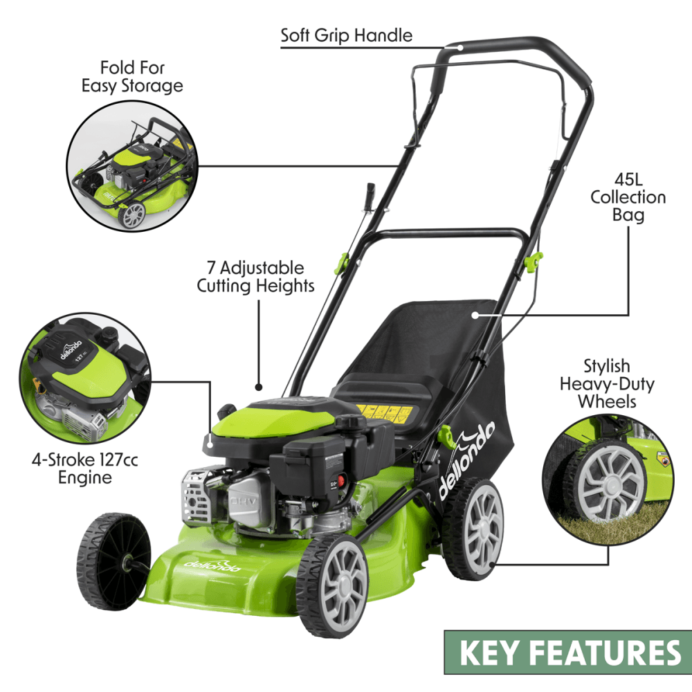 Dellonda Hand-Propelled Petrol Lawnmower Grass Cutter, 127cc 16"/41cm 4-Stroke Model No- DG100