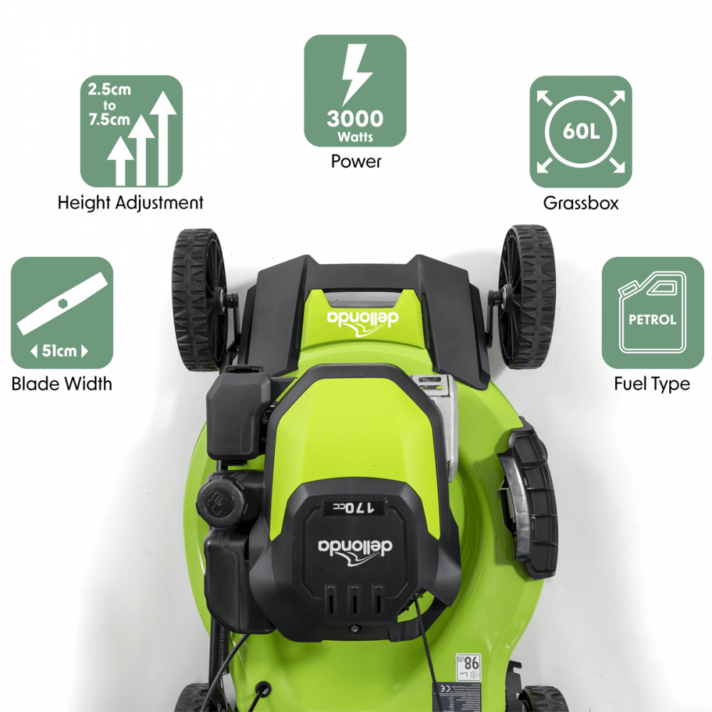 Dellonda Self-Propelled Petrol Lawnmower Grass Cutter with Height Adjustment & Grass Bag 170cc 20"/51cm 4-Stroke Engine Model No- DG102