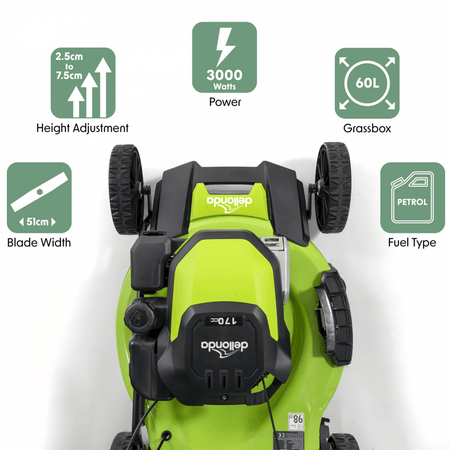 Dellonda Self-Propelled Petrol Lawnmower Grass Cutter with Height Adjustment & Grass Bag 170cc 20"/51cm 4-Stroke Engine Model No- DG102