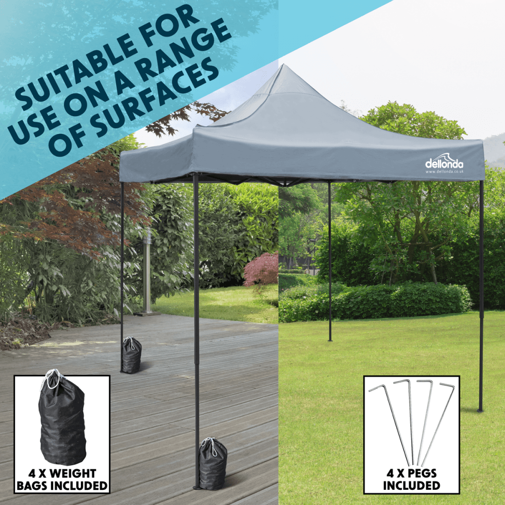 Dellonda Premium 2 x 2m Pop-Up Gazebo, Heavy Duty, PVC Coated, Water-Resistant Fabric, Supplied with Carry Bag, Rope, Stakes & Weight Bags - Grey Canopy : Model No- DG129