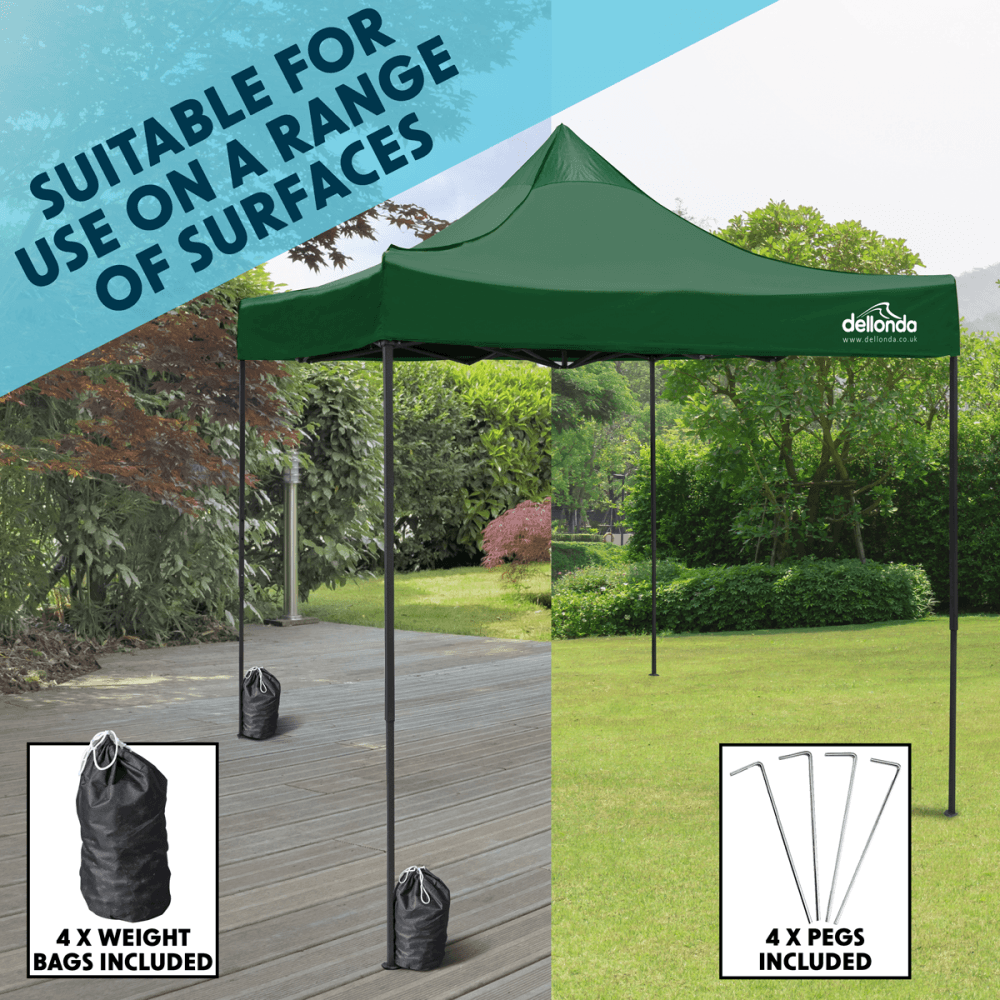 Dellonda Premium 3 x 3m Pop-Up Gazebo, PVC Coated, Water Resistant Fabric, Supplied with Carry Bag, Rope, Stakes & Weight Bags - Dark Green Canopy Model No- DG132