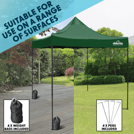 Dellonda Premium 3 x 3m Pop-Up Gazebo, PVC Coated, Water Resistant Fabric, Supplied with Carry Bag, Rope, Stakes & Weight Bags - Dark Green Canopy Model No- DG132