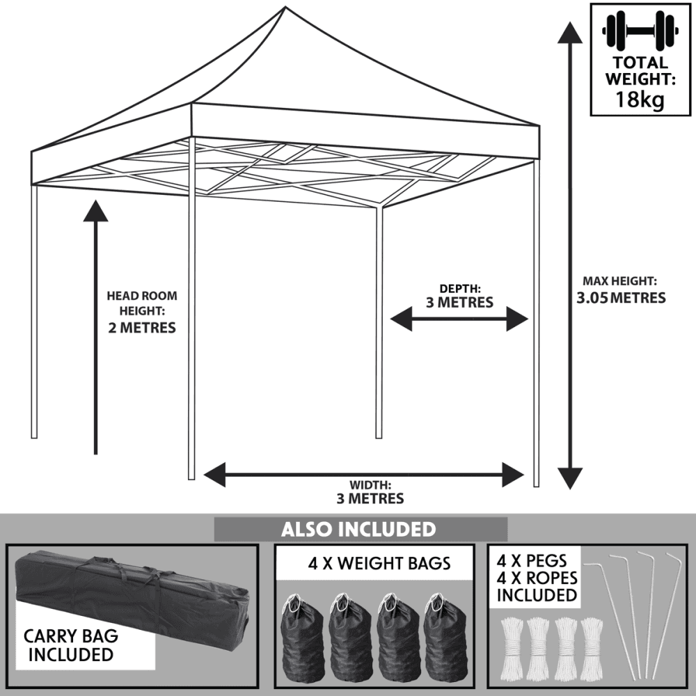 Dellonda Premium 3 x 3m Pop-Up Gazebo, PVC Coated, Water Resistant Fabric, Supplied with Carry Bag, Rope, Stakes & Weight Bags - Grey Canopy Model No- DG133
