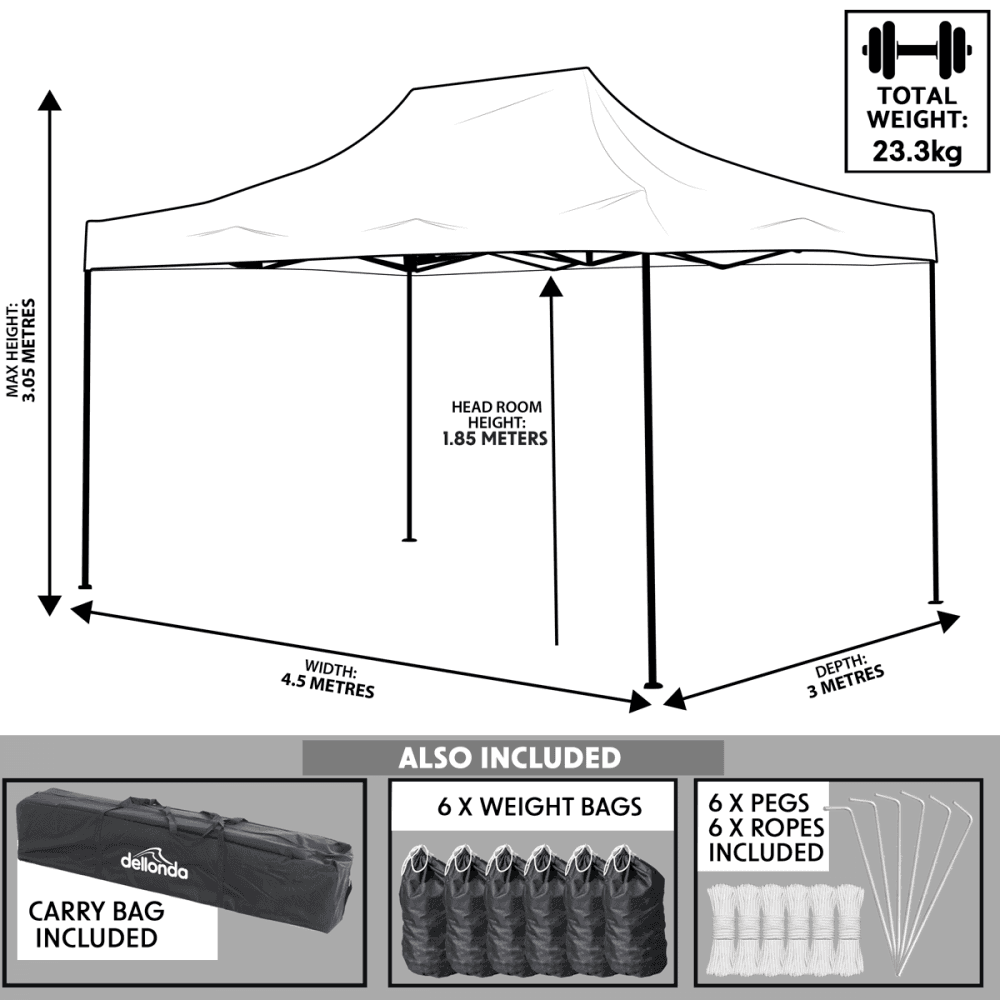Dellonda Premium 3 x 4.5m Pop-Up Gazebo, Heavy Duty, PVC Coated, Water Resistant Fabric, Supplied with Carry Bag, Rope, Stakes & Weight Bags - Blue Canopy Model No- DG135