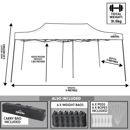 Dellonda Premium 3x6m Pop-Up Gazebo, Heavy Duty, PVC Coated, Water Resistant Fabric, Supplied with Carry Bag, Rope, Stakes & Weight Bags - Grey Canopy Model No- DG141