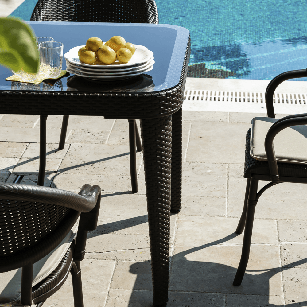 Dellonda Weather-Resistant Polypropylene/Fibreglass Dining Table with Tempered Glass Top - Dark Brown Model No- DG206