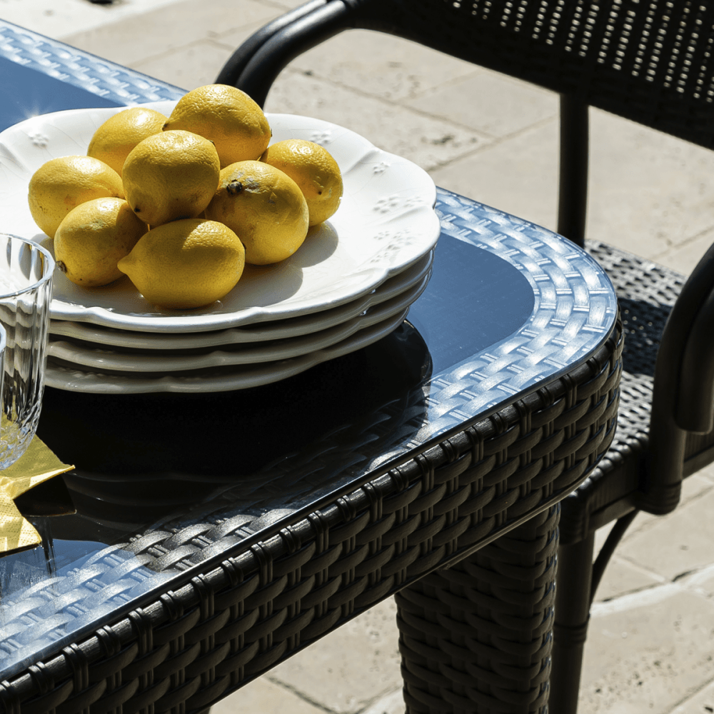 Dellonda Weather-Resistant Polypropylene/Fibreglass Dining Table with Tempered Glass Top - Dark Brown Model No- DG206