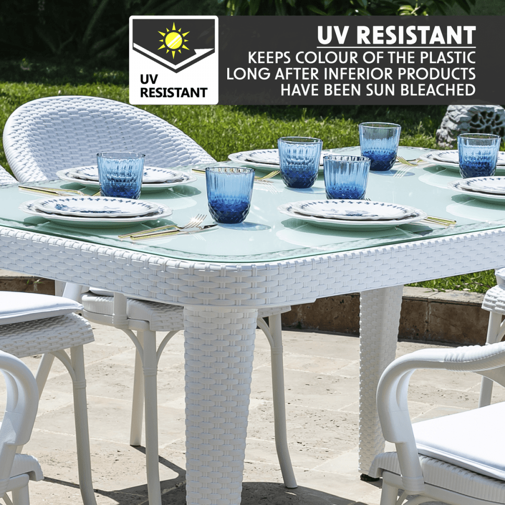 Dellonda Weather-Resistant Polypropylene/Fibreglass Dining Table with Tempered Glass Top - Ivory White Model No- DG210