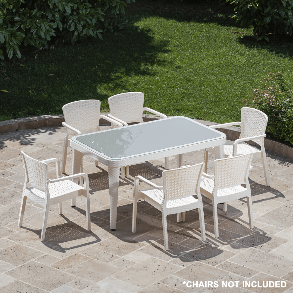 Dellonda Weather-Resistant Polypropylene/Fibreglass Dining Table with Tempered Glass Top - Ivory White Model No- DG210