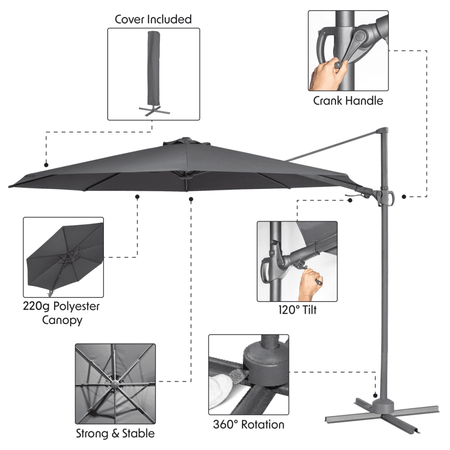 Dellonda Cantilever Parasol with 360 Rotation, Tilt & Cover 3m - Grey Model No- DG267