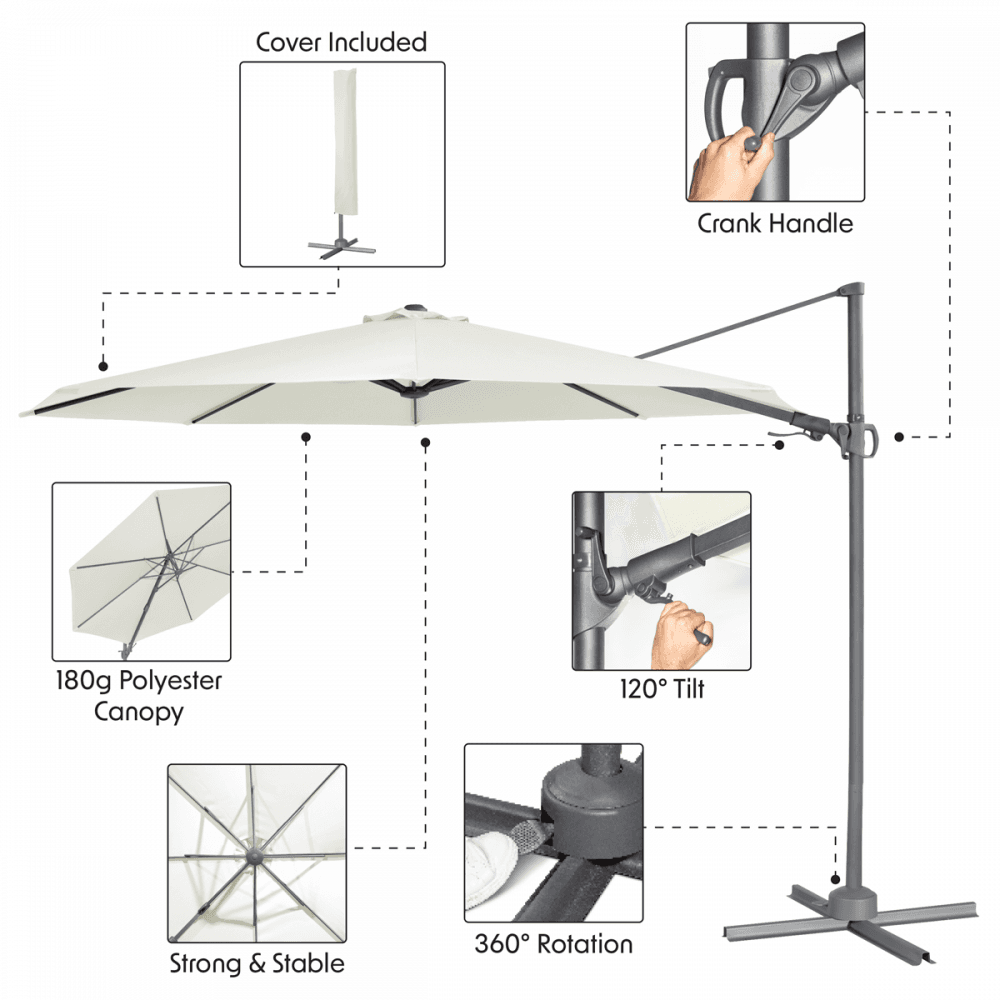 Dellonda Cantilever Parasol with 360 Rotation, Tilt & Cover 3m - Cream Model No- DG268