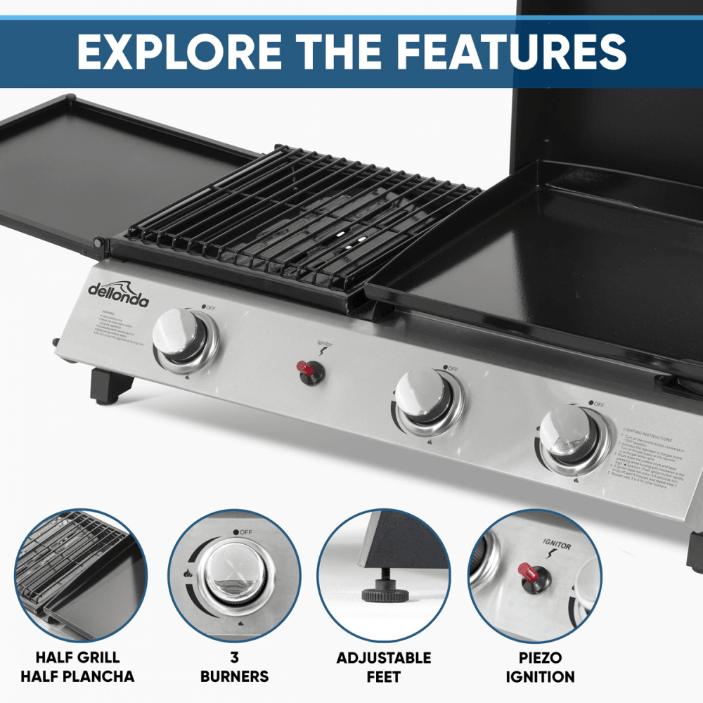 Dellonda 3 Burner Stainless Steel Portable Gas Plancha/Grill 8.5kW Model No- DG276