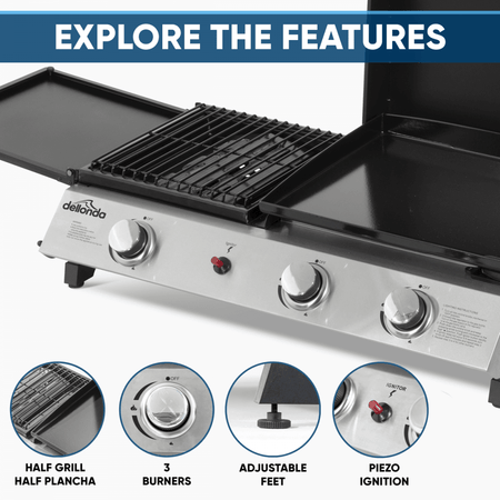 Dellonda 3 Burner Stainless Steel Portable Gas Plancha/Grill 8.5kW Model No- DG276