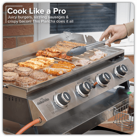 Dellonda 4 Burner Stainless Steel Portable Gas Plancha with Warming Rack 10kW Model No- DG277