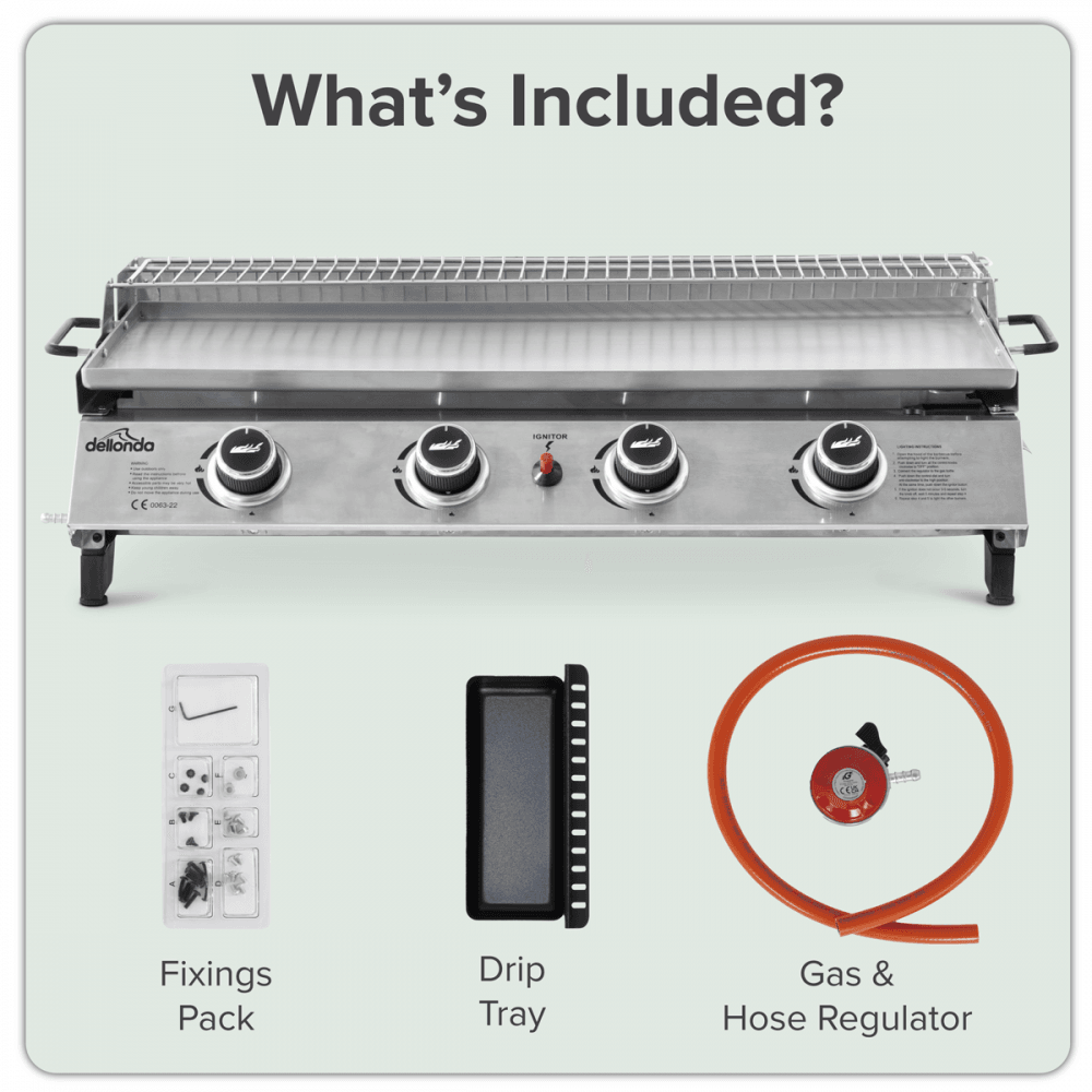 Dellonda 4 Burner Stainless Steel Portable Gas Plancha with Warming Rack 10kW Model No- DG277