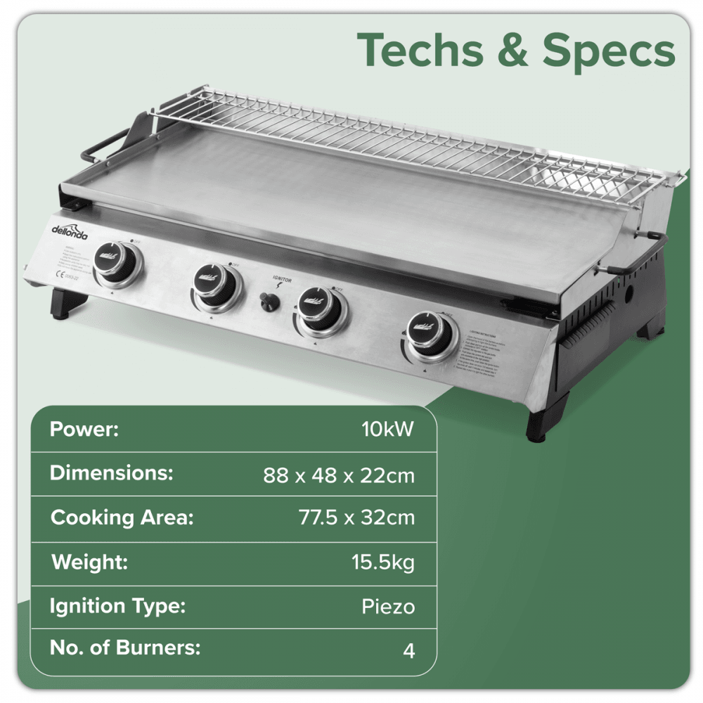 Dellonda 4 Burner Stainless Steel Portable Gas Plancha with Warming Rack 10kW Model No- DG277