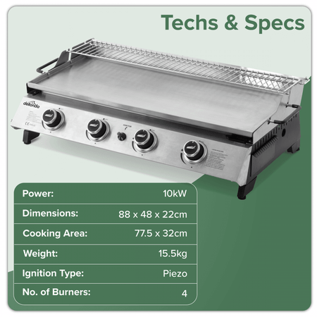 Dellonda 4 Burner Stainless Steel Portable Gas Plancha with Warming Rack 10kW Model No- DG277