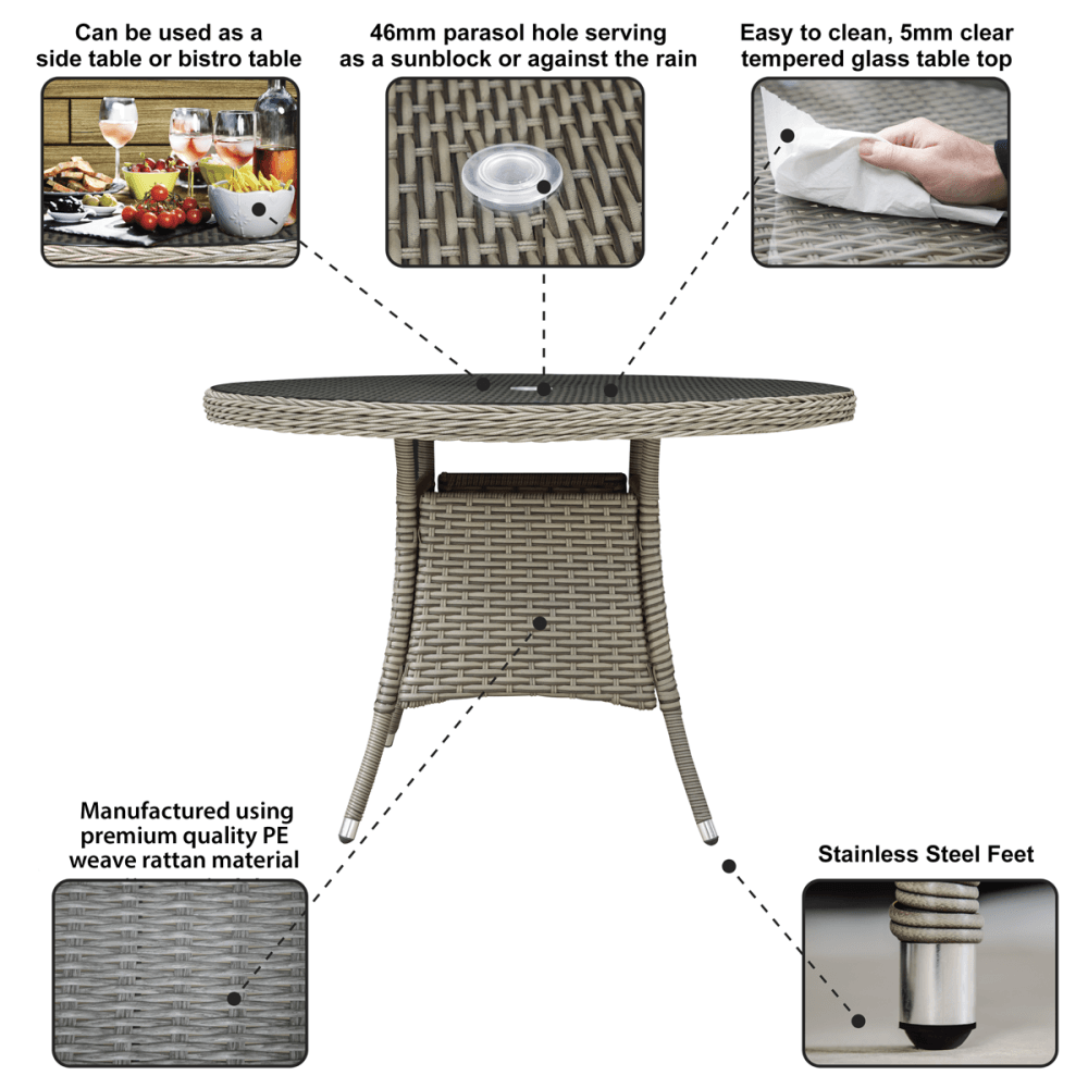 Dellonda Chester Rattan Wicker Round Outdoor Dining Table with Tempered Glass Top Model No- DG66