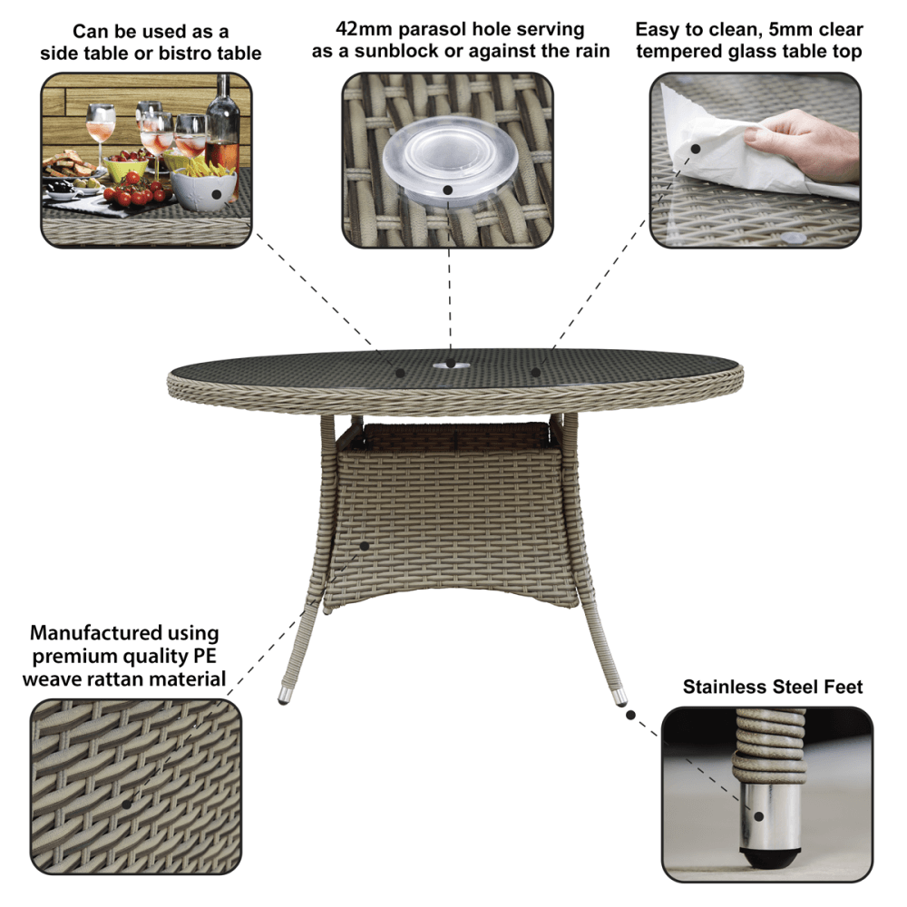 Dellonda Chester Rattan Wicker Round Outdoor Dining Table with Tempered Glass Top Model No- DG67