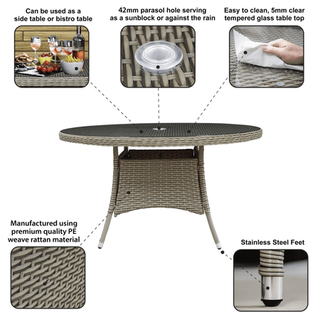 Dellonda Chester Rattan Wicker Round Outdoor Dining Table with Tempered Glass Top Model No- DG67