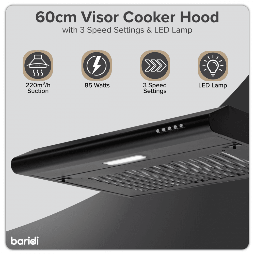 Baridi Visor Cooker Hood Extractor Fan 60cm - Black Model No- DH107