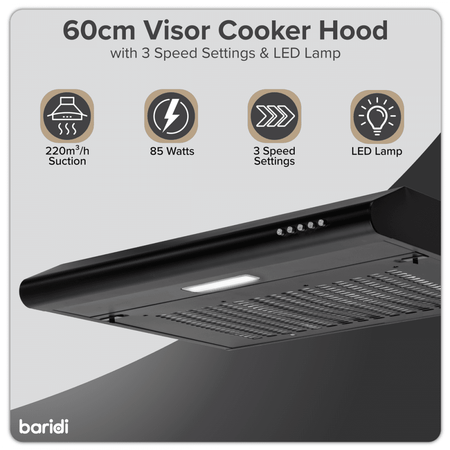 Baridi Visor Cooker Hood Extractor Fan 60cm - Black Model No- DH107